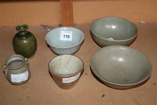 Chinese Tang- Ming dynasty vessels, including two Longuan celadon bowls, two bowls and a jar